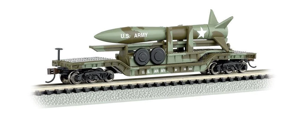 N Bachmann 52' Center-Depressed Flatcar - Olive Drab Military with Missile 71396