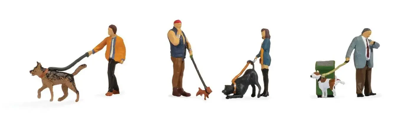 Walthers SceneMaster People with Dogs, 4 of Each with 1 Garbage Can 949-6082