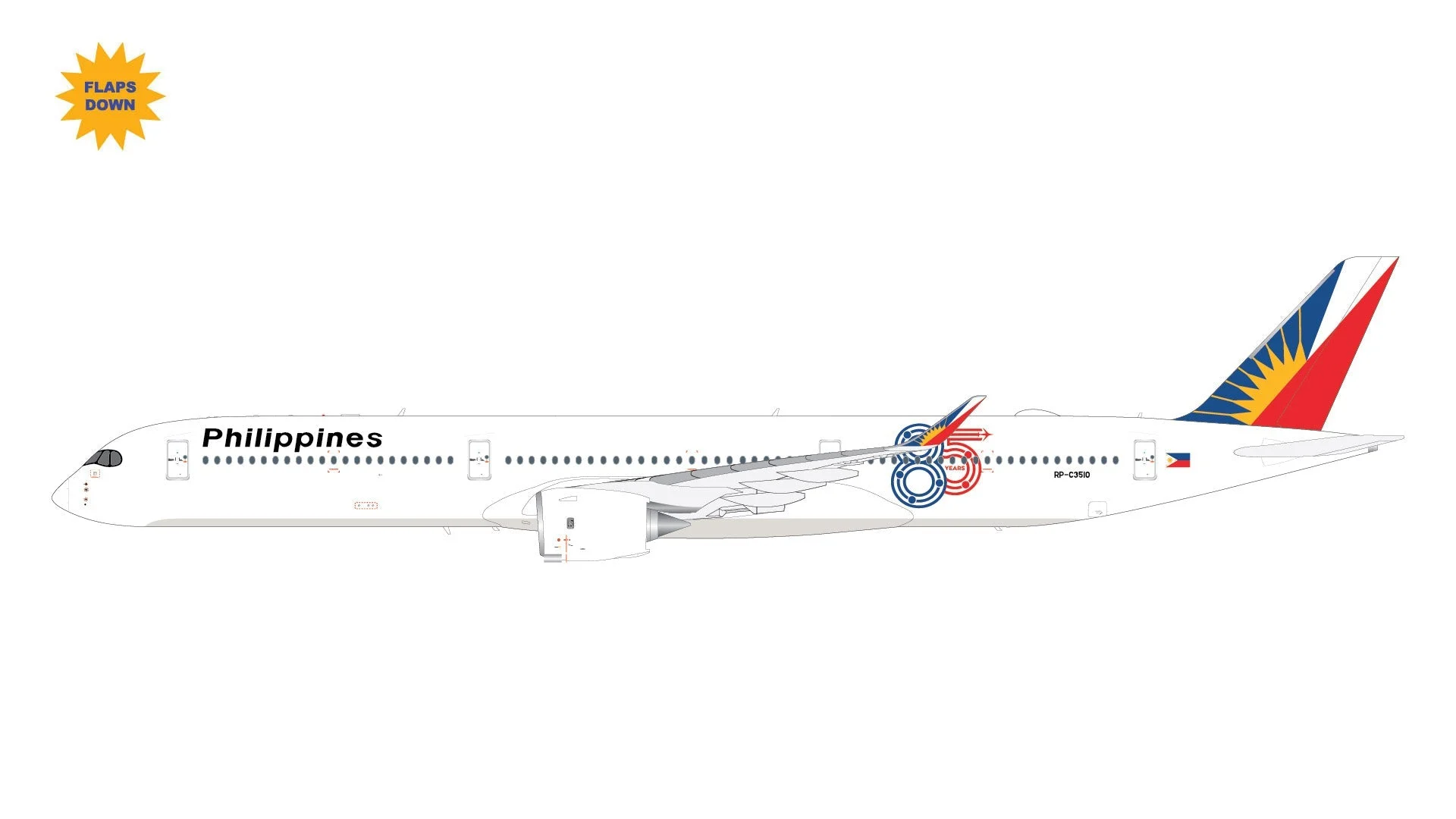 Pre-Order Gemini Jets G2PAL1498F 1:200 Philippine Airlines A350-1000 RP-C3510 "85 Years," "Flaps Down"