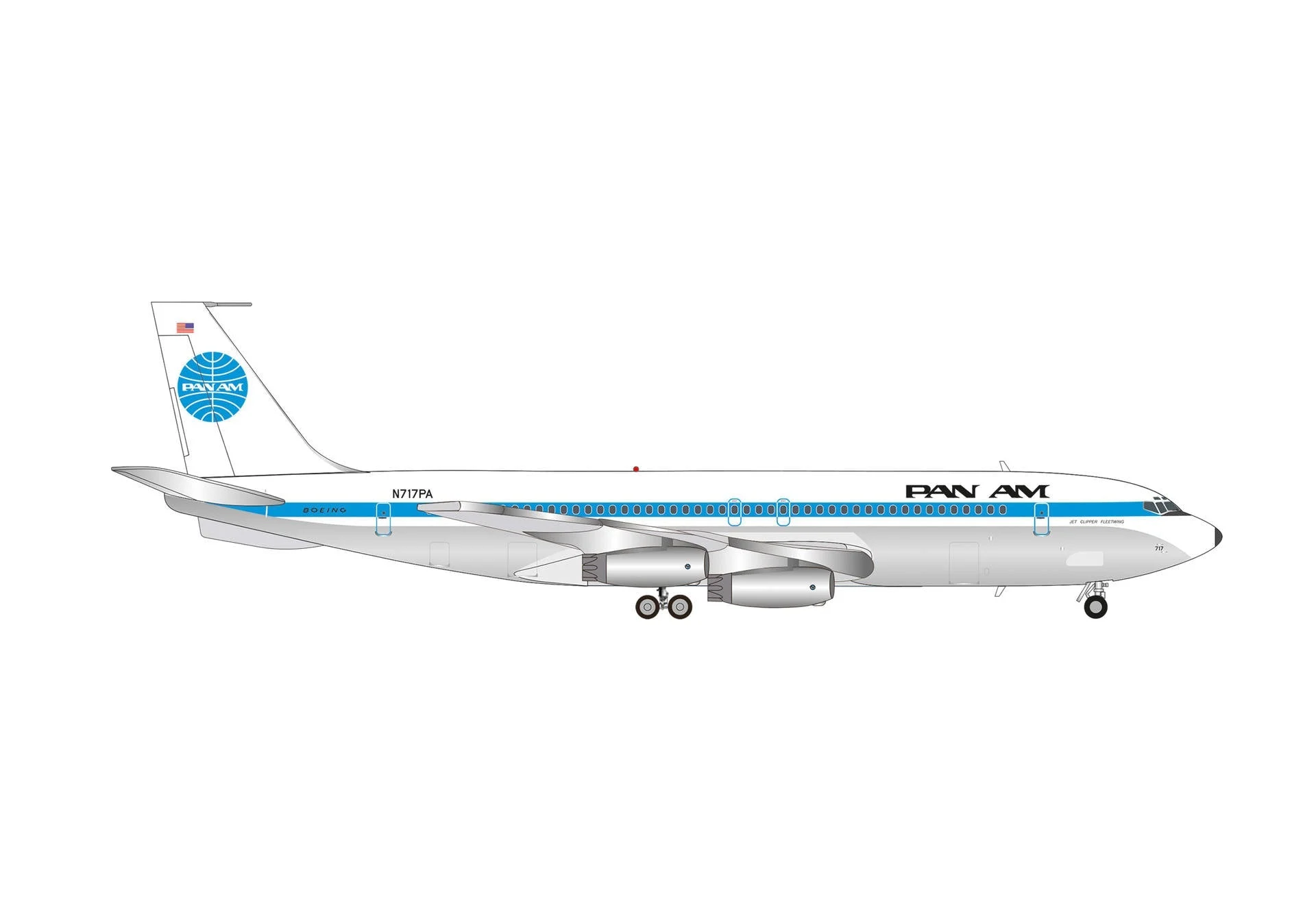 Pre-Order Herpa Wings 573696 1:200 Pan Am Boeing 707-320 N717PA "Jet Clipper Fleetwing"