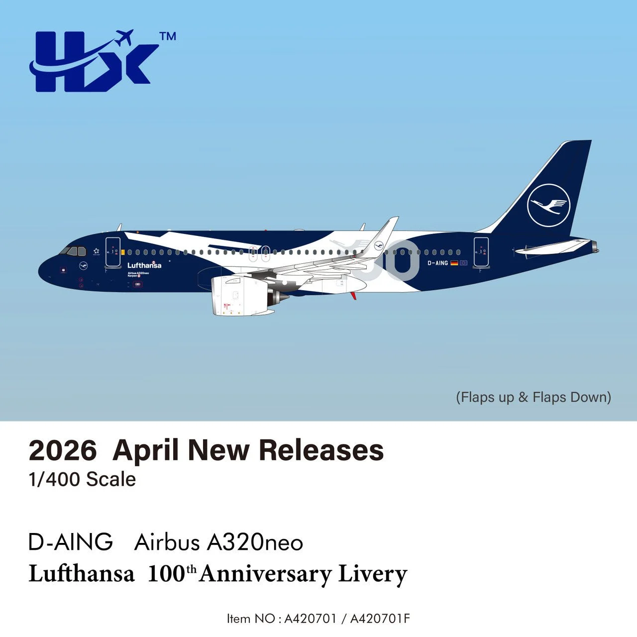 Pre-Order HX Models A420701F 1:400 Lufthansa A320NEO D-AING "100 Years" "Flaps Down"