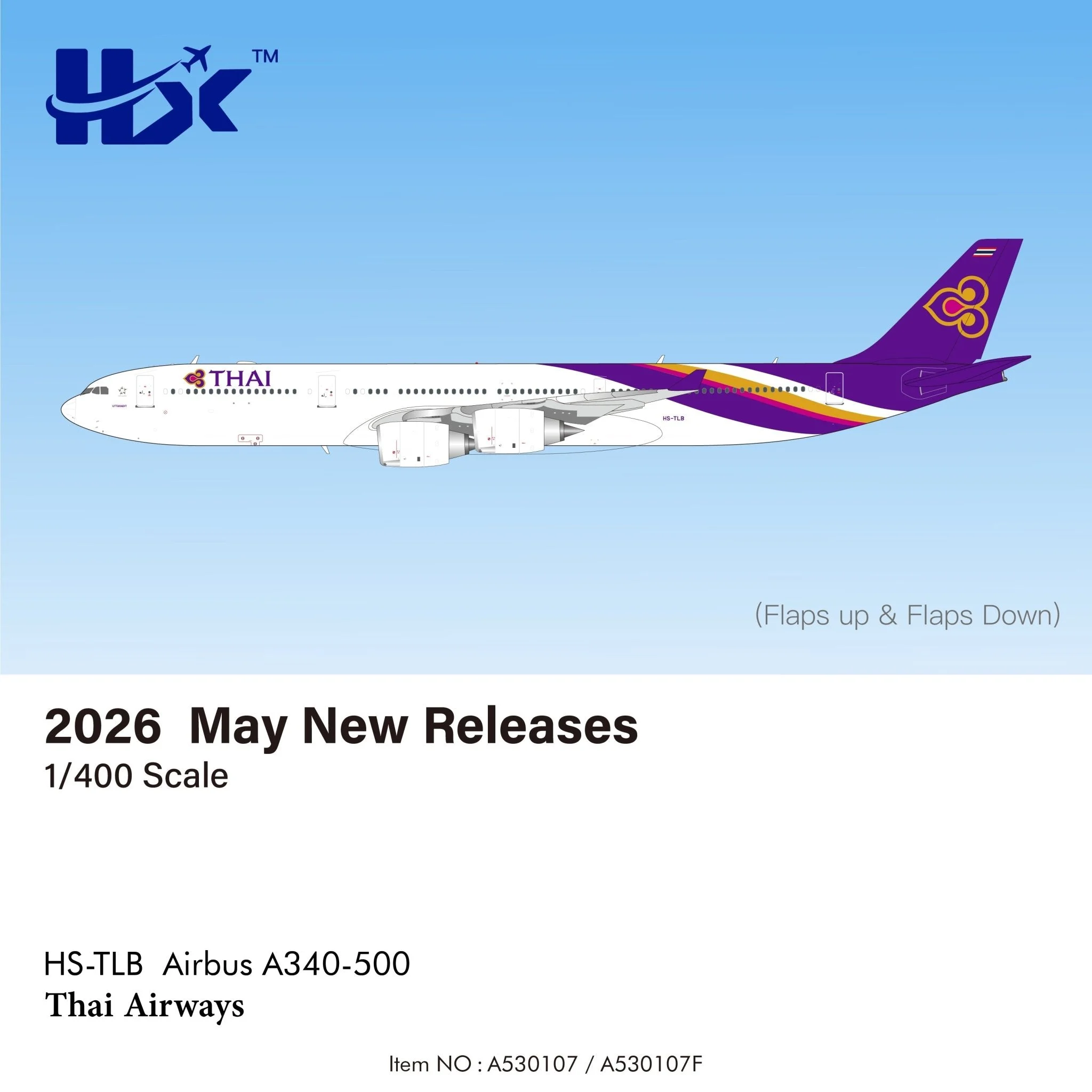 Pre-Order HX Models A530107F 1:400 Thai Airways Airbus A340-500"Flaps Down" HS-TLB