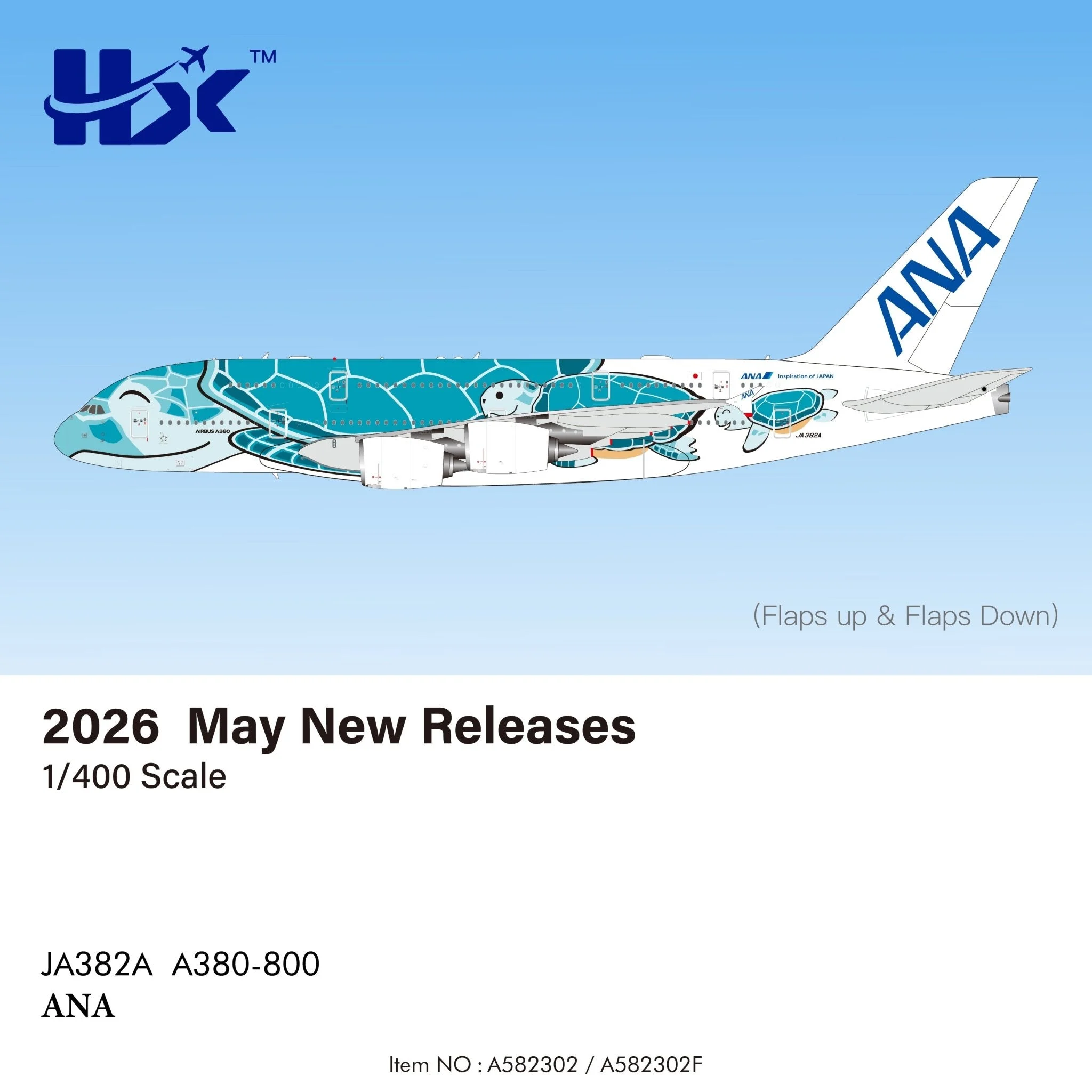 Pre-Order HX Models A582302F 1:400 ANA A380 "Flying Honu-Lani（Green Turtle）"Flaps Down" JA382A