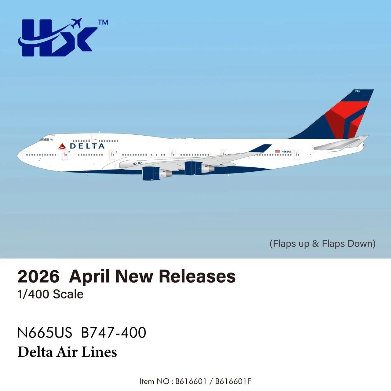 Pre-Order HX Models B616601F 1:400 Delta Air Lines B747-400 N665US "Flaps Down"