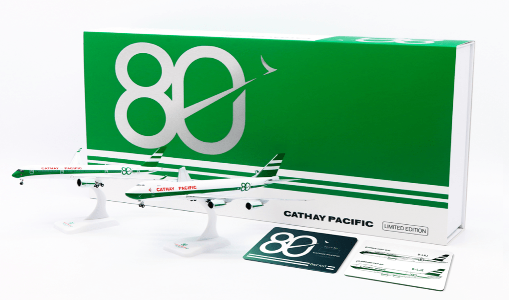 Pre-Order JC Wings SA4124S 1:400 Cathay Pacific "80th Anniversary" A350-900XWB & B747-8F Twin Set Reg: B-LRJ, B-LJE With Deluxe Box, Metal Limited Card and Stands