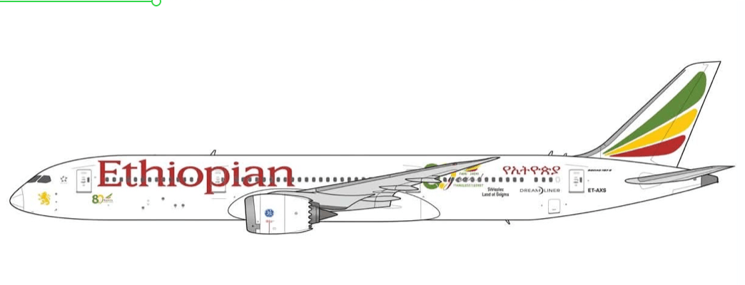 Pre-Order JC Wings XX40807 1:400 Ethiopian Airlines Boeing 787-9 Dreamliner "80 Years" Reg: ET-AXS