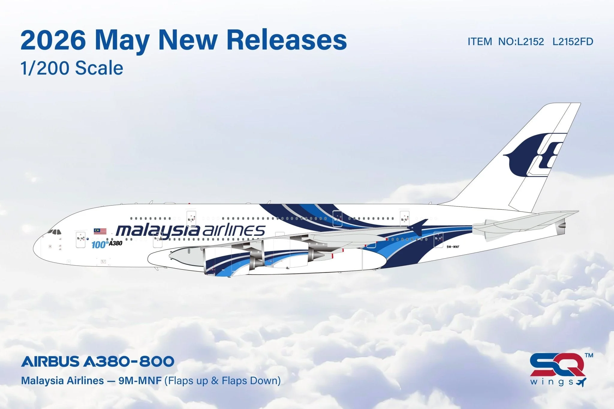 Pre-Order SQ Wings L2152FD 1:200 Malaysia Airlines A380 9M-MNF "Flaps Down"