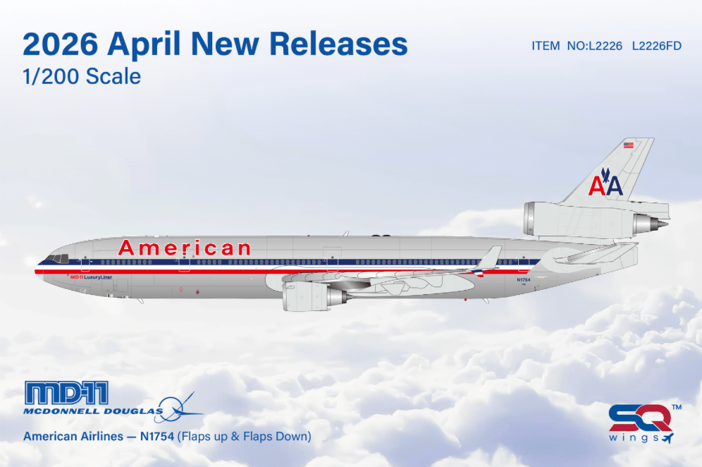 Pre-Order SQ Wings L2226FD 1:200 American MD-11 N1754 "Flaps Down"