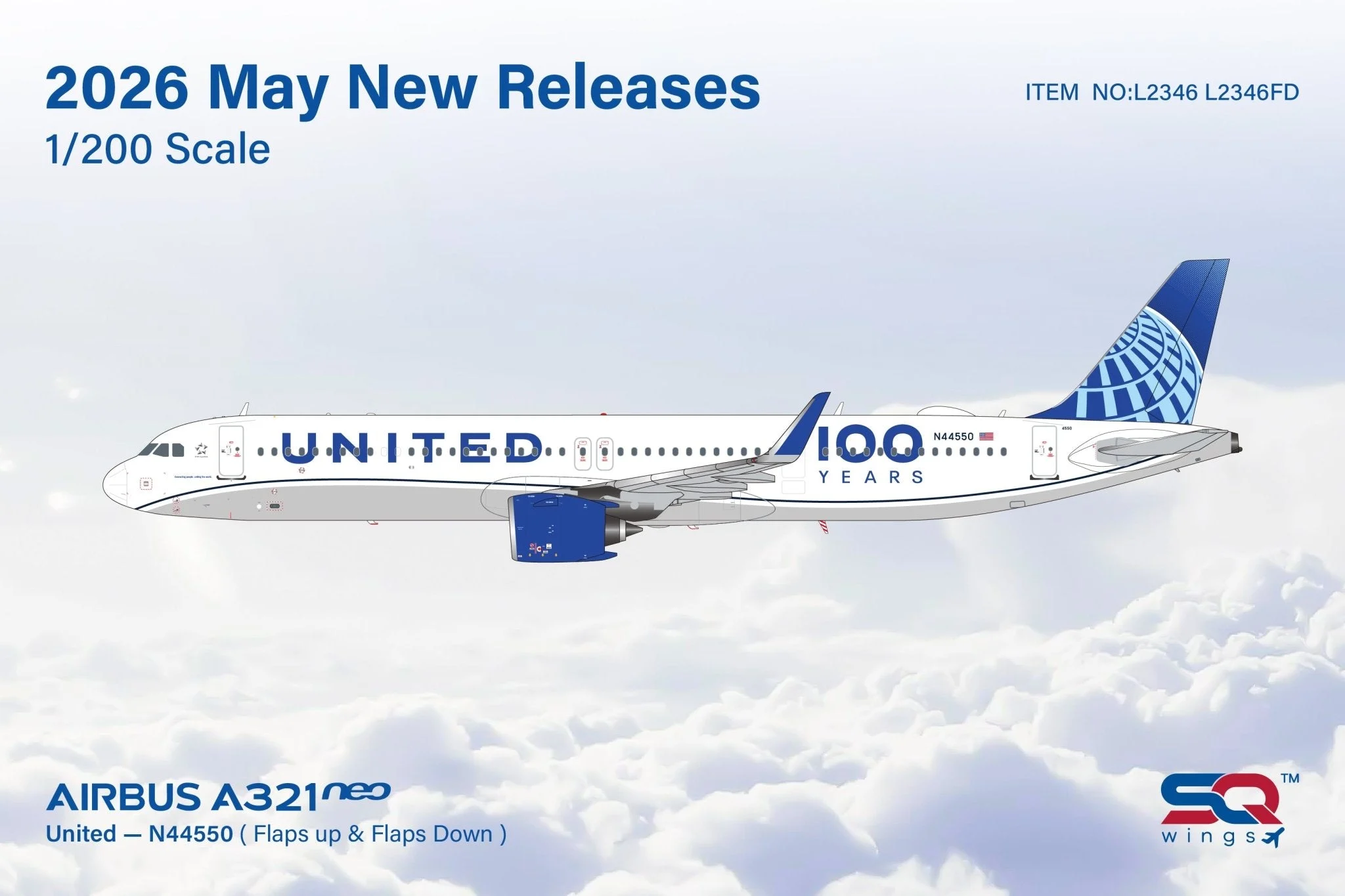 Pre-Order SQ Wings L2346FD 1:200 United Airlines A321 N44550 "Flaps Down"
