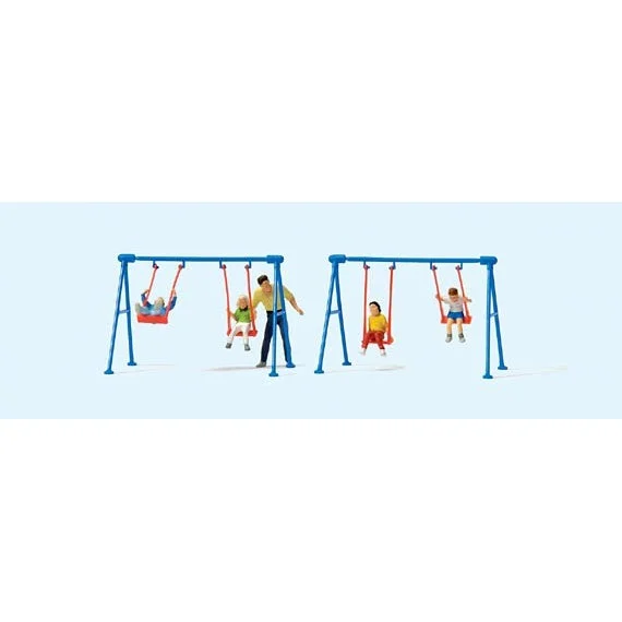 Preiser HO Children (4) Playing on Swing Set & Adult