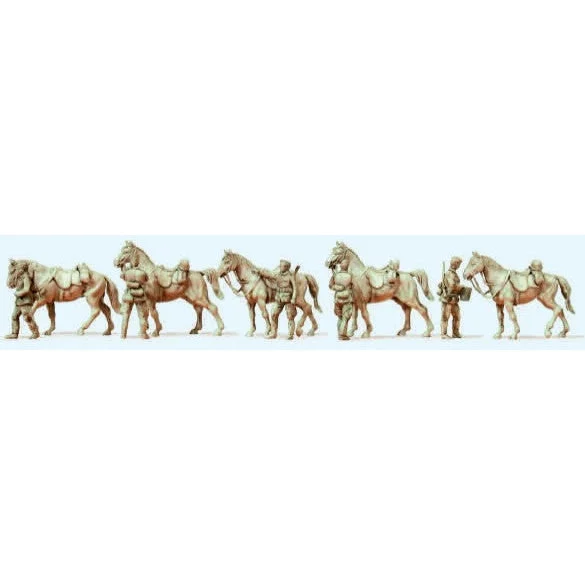 Preiser HO Unpainted German Cavalrymen Standing w/Horses (5) WWII (Kit)