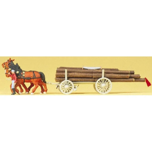 Preiser HO Horse Drawn Log Wagon w/Man Walking