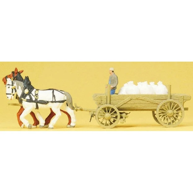 Preiser HO Horse Drawn Farm Wagon w/Sacks & Man