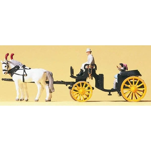 Preiser N Horse Drawn Open Black Coach w/Rider & Couple