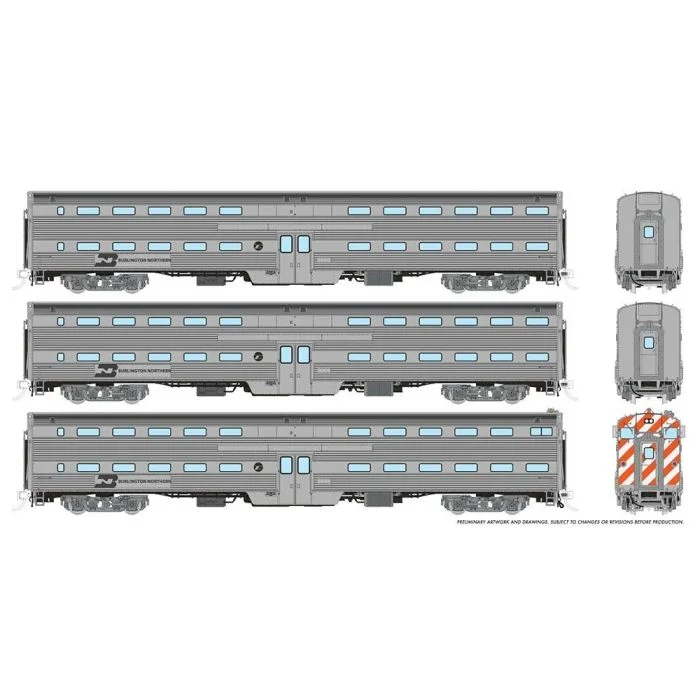Rapido HO Scale Burlington Northern Gallery Commuter Cars 3 Pack Set 1 RAP145001