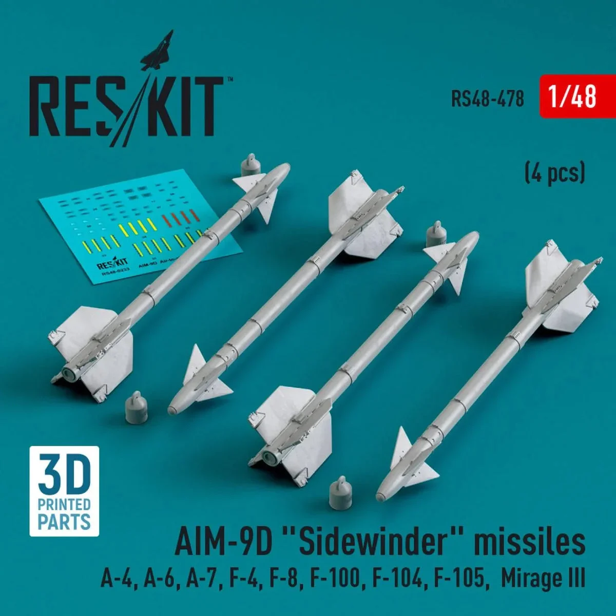 1/48 Reskit AIM-9D Sidewinder missiles (4 pcs) (3D Printed)