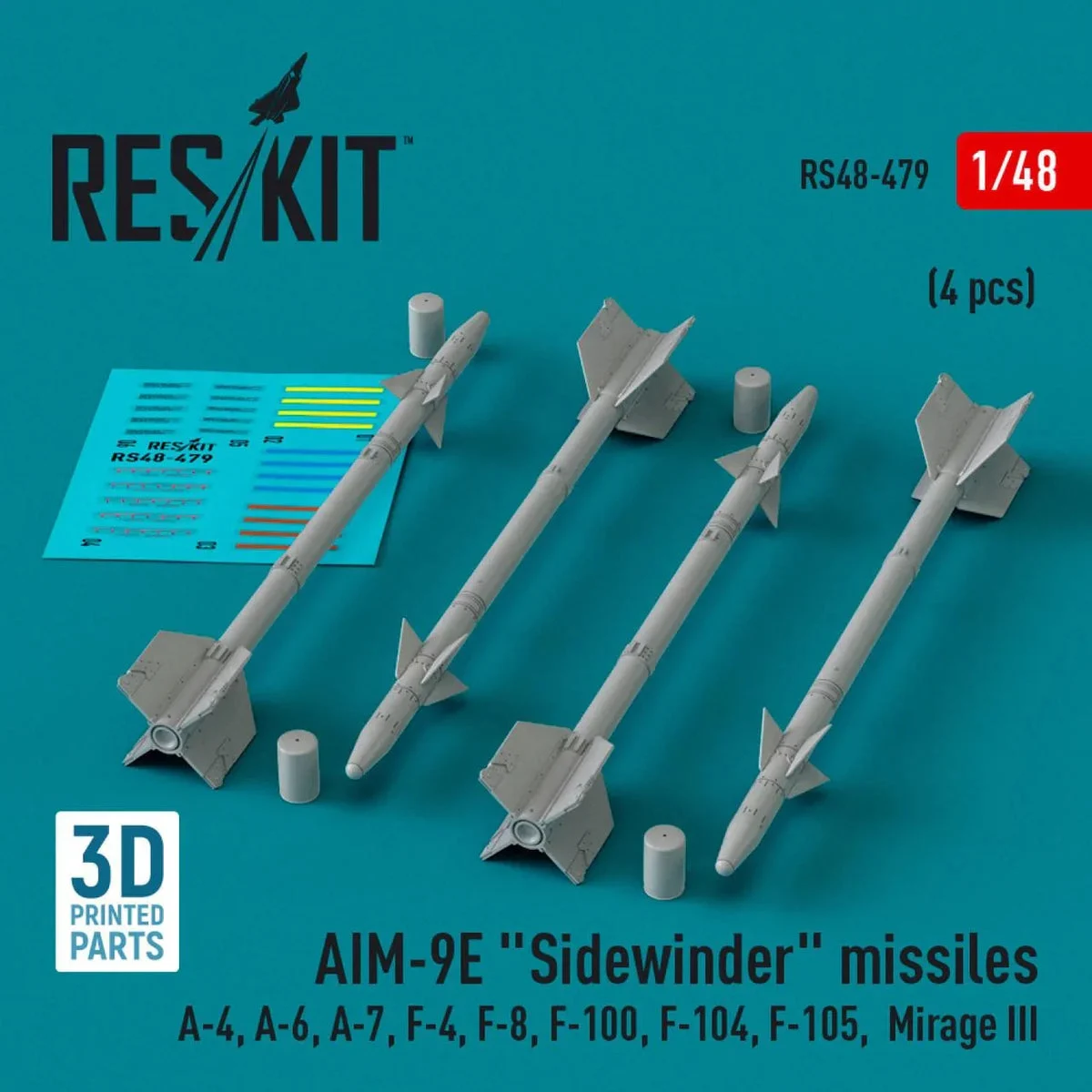 1/48 Reskit AIM-9E Sidewinder missiles (4 pcs) (3D Printed)