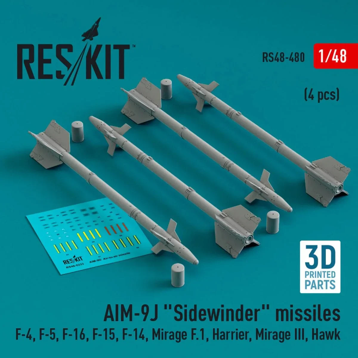 1/48 Reskit AIM-9J Sidewinder missiles (4 pcs) (3D Printed)