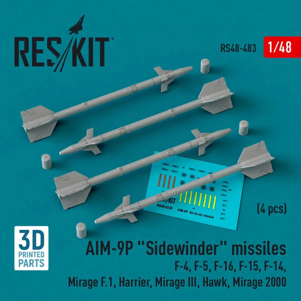 1/48 Reskit AIM-9P Sidewinder missiles (4 pcs) (3D Printed)