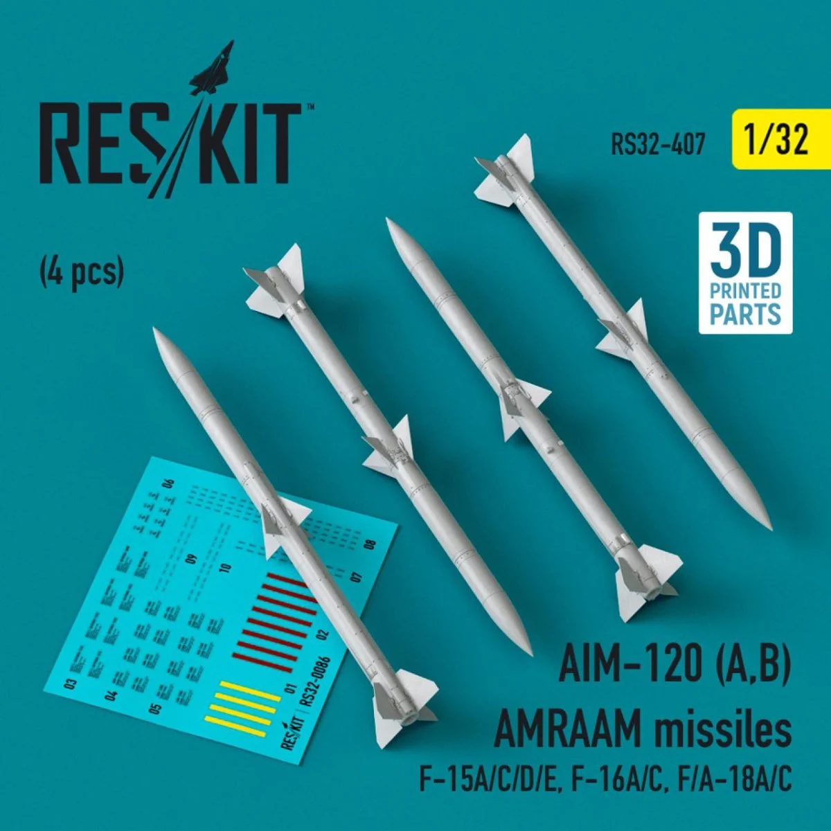 Reskit 1/32 Reskit L5AIM-120 (A,B) AMRAAM missiles (4 pcs) (F-15A/C/D/E, F-16A/C, F/A-18A/C) (3D Printed) (1/32)