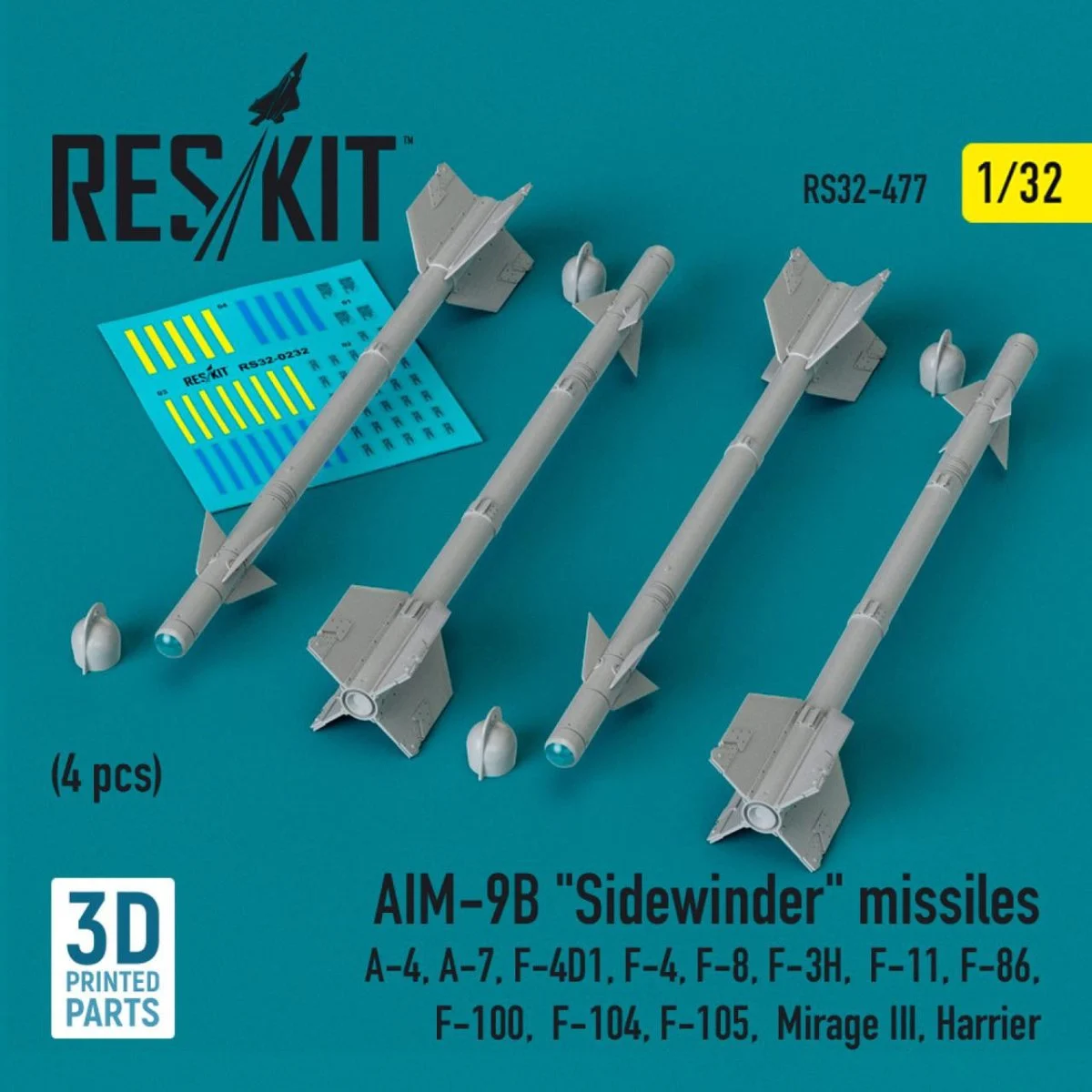 Reskit 1/32 Reskit L5AIM-9B Sidewinder missiles (4 pcs) (3D Printed) (1/32)
