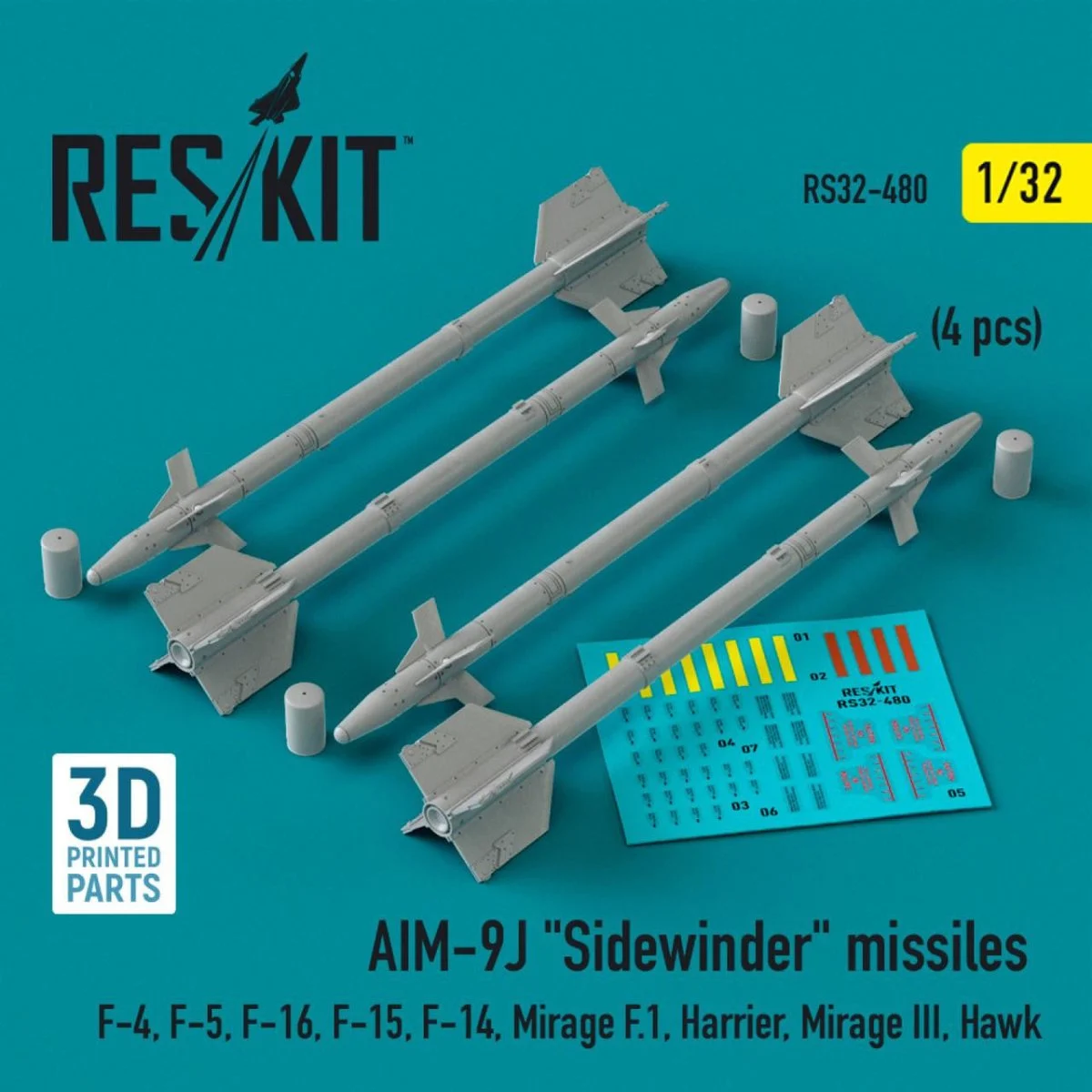 Reskit 1/32 Reskit L5AIM-9J Sidewinder missiles (4 pcs) (3D Printed) (1/32)