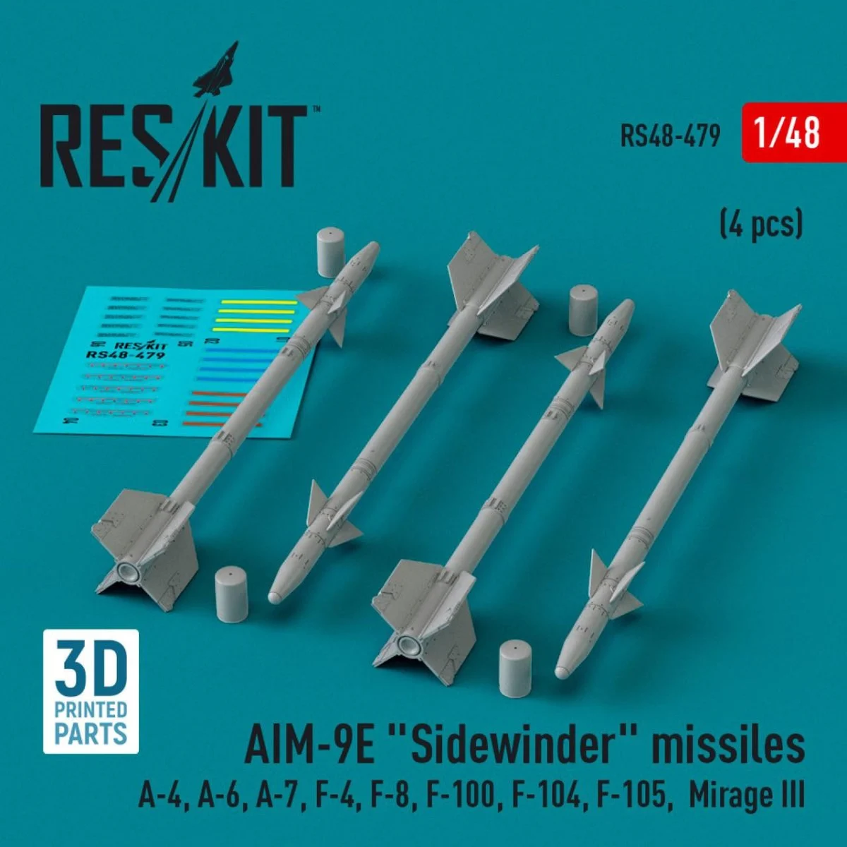 Reskit 1/48 Reskit AIM-9E Sidewinder missiles (4 pcs) (3D Printed) (1/48)