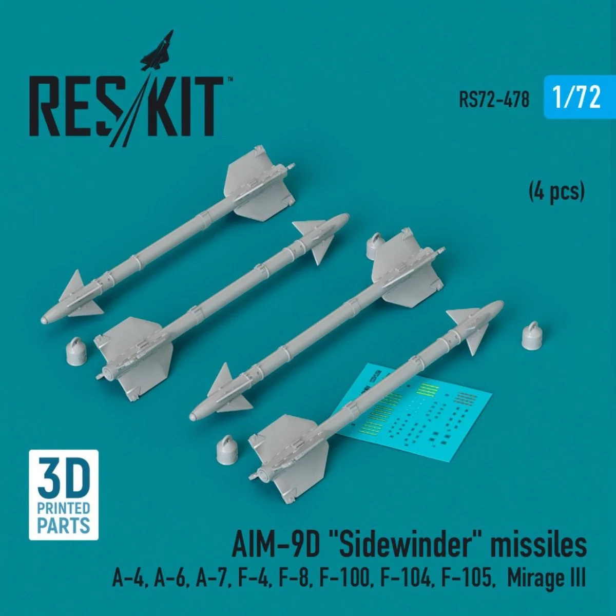 Reskit 1/72 Reskit AIM-9D Sidewinder missiles (4 pcs) (3D Printed) (1/72)