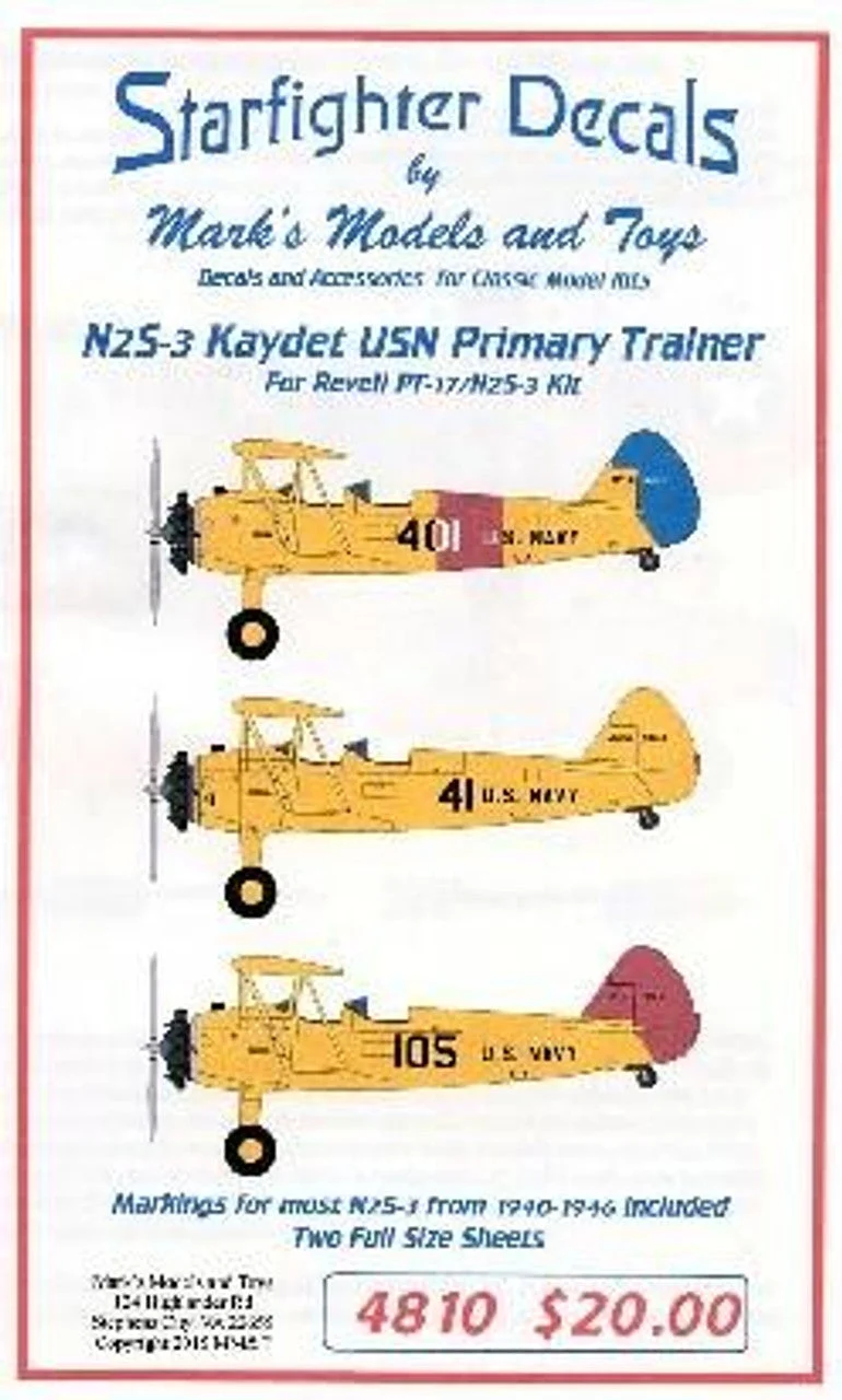 Starfighter Decals 1/48 Starfighter Decals - N2S3 Kaydet USN Primary Trainer 1940-46 for Revell Kit