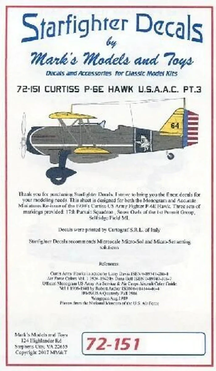 1/72 Starfighter Decals - Curtiss P-6E Hawk USAAC Part 3 Snow Owls