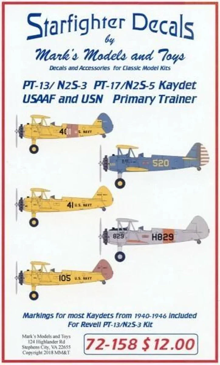 1/72 Starfighter Decals - PT13/N2S3 PT17/N2S5 Kaydet Primary Trainer