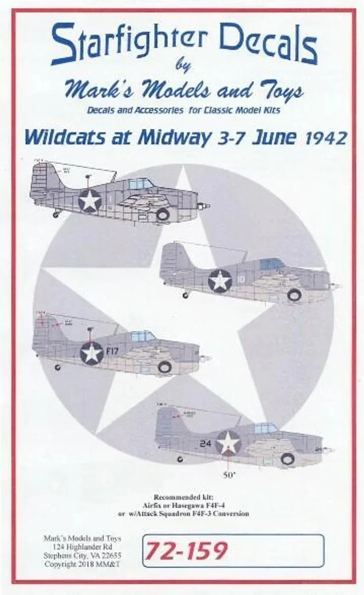 1/72 Starfighter Decals - F4F3/4 Wildcats at Midway Jun. 1942