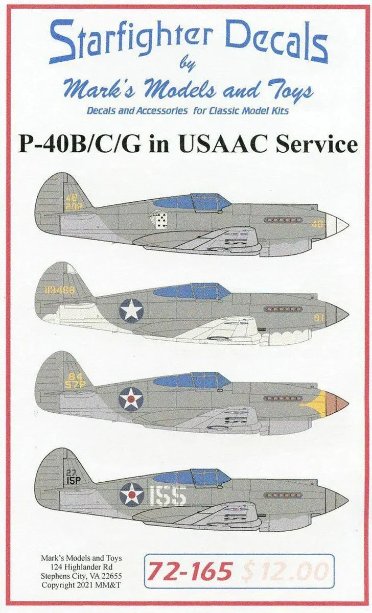 1/72 Starfighter Decals - P-40B/C/G in USAAF Service