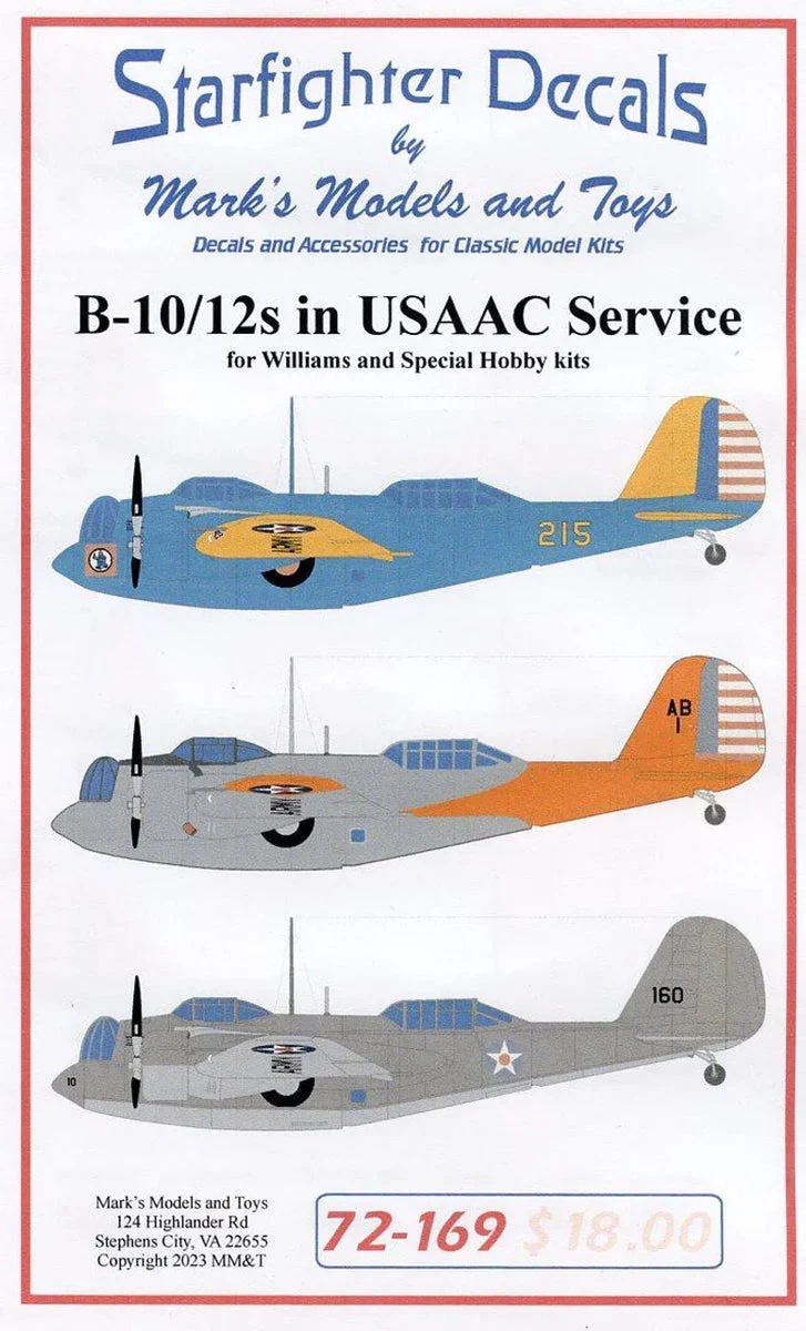 1/72 Starfighter Decals B-10/B-12 in USAAC Service