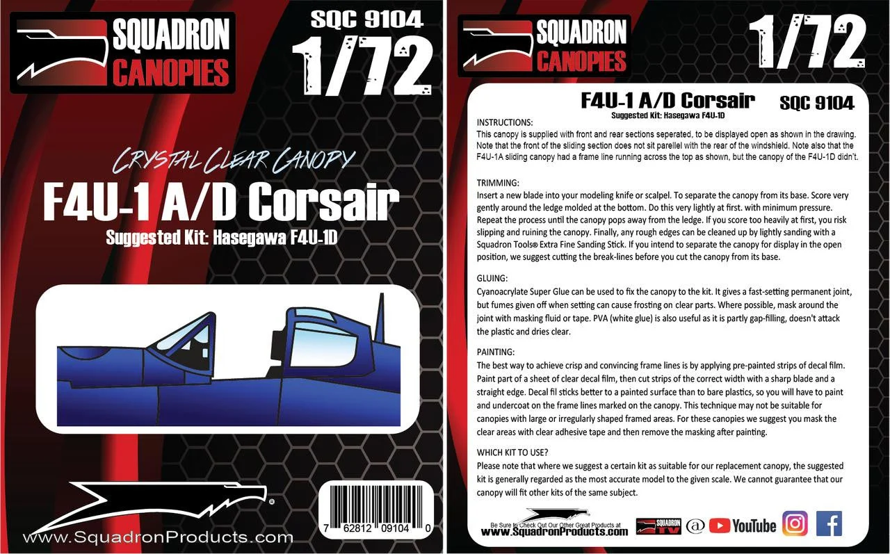 Squadron 1/72 Squadron Crystal Clear Canopy - - F4U-1 A/D Corsair (Hasegawa)