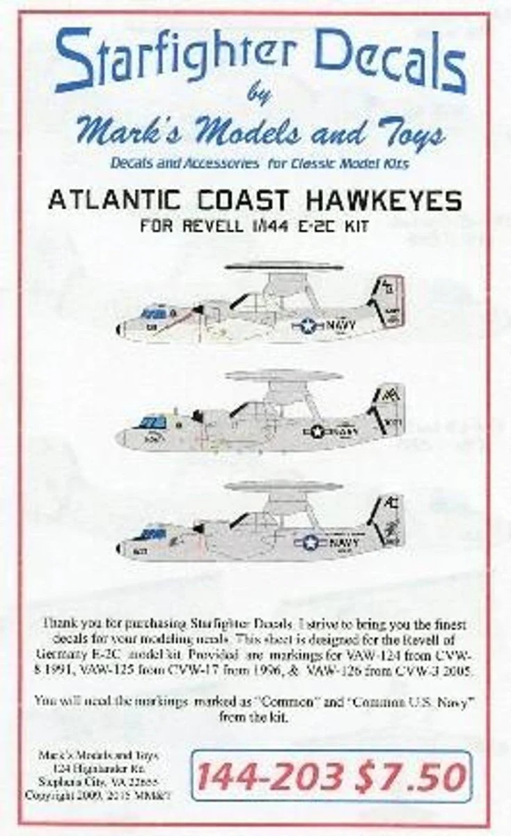 Starfighter Decals 1/144 Starfighter Decals - Atlantic Coast E2C Hawkeyes for Revell Kits