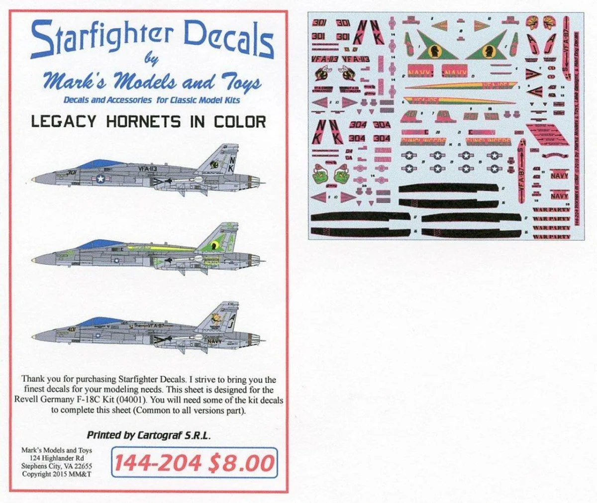 Starfighter Decals 1/144 Starfighter Decals - Legacy Hornets Pt.1