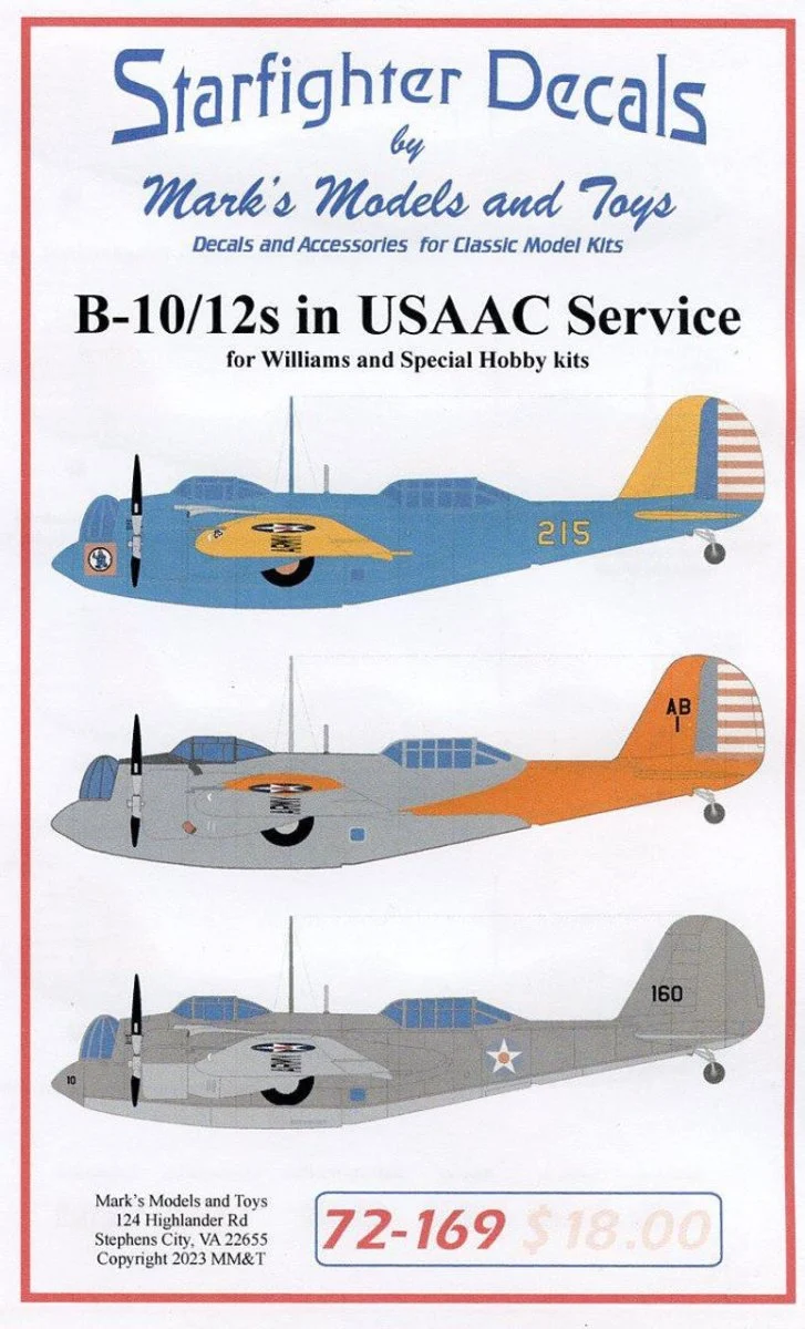 Starfighter Decals 1/72 Starfighter Decals B-10/B-12 in USAAC Service