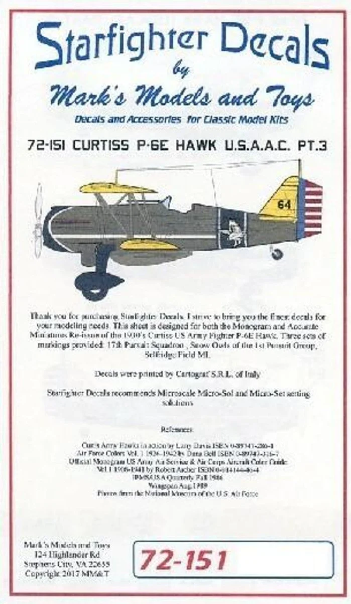 Starfighter Decals 1/72 Starfighter Decals - Curtiss P-6E Hawk USAAC Part 3 Snow Owls