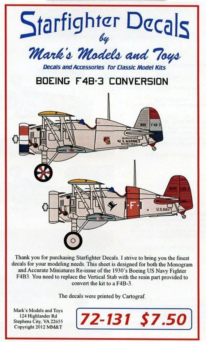 Starfighter Decals 1/72 Starfighter Decals - F4B-3 Conversion