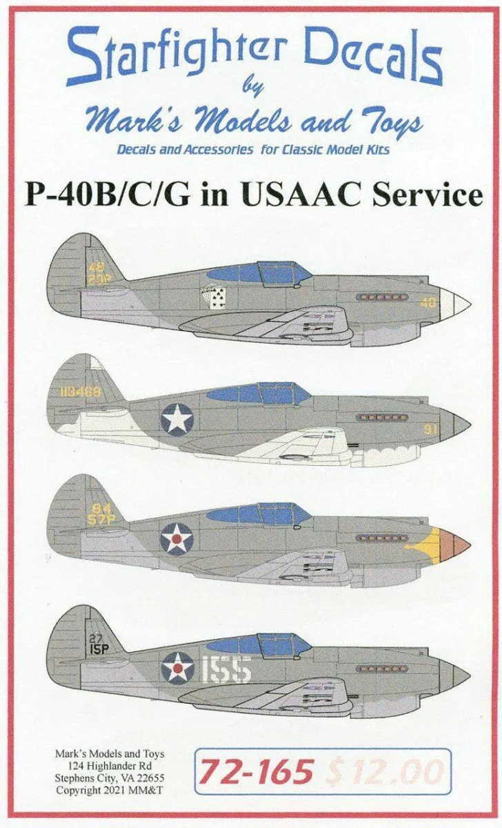Starfighter Decals 1/72 Starfighter Decals - P-40B/C/G in USAAF Service