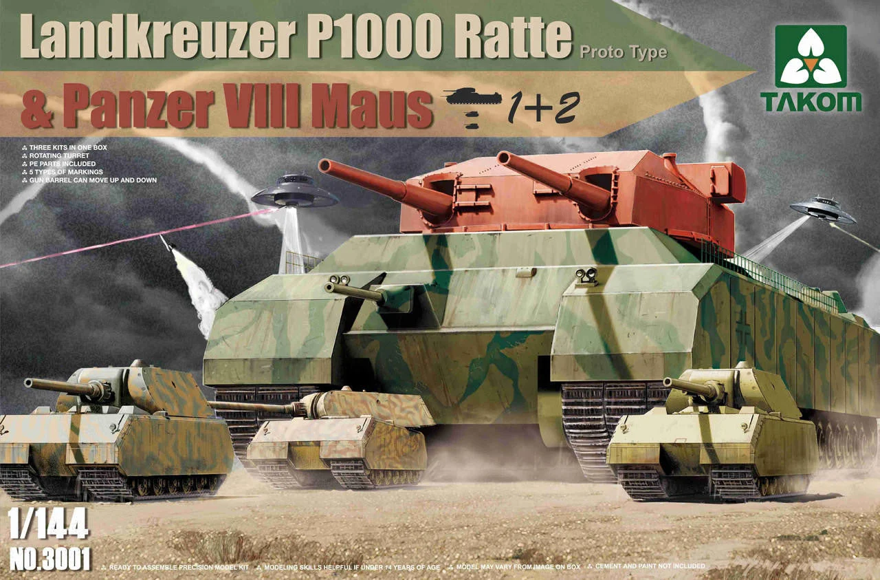 Takom 1/144 Takom WWII Landkreuzer P1000 Ratte (Prototype) Tank & Two Panzer VIII Maus Heavy Battle Tank (3 Kits)