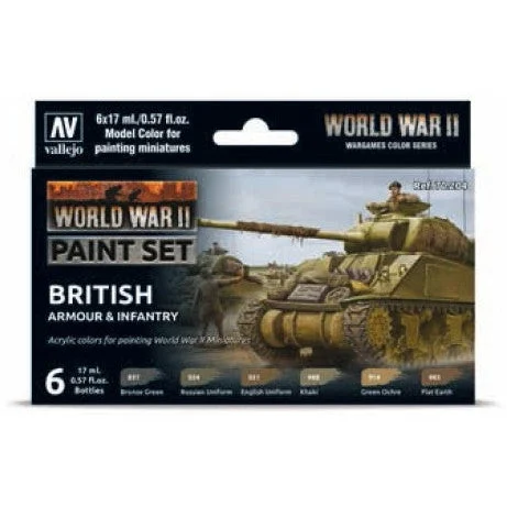 17ml Bottle WWII Wargames British Armour & Infantry Model Color Paint Set (6 Colors) - Vallejo