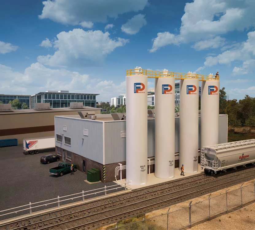 Walthers Cornerstone HO Scale Plastic Pellet Plant Kit – Modern Industrial Covered Hopper Facility – 933-4145
